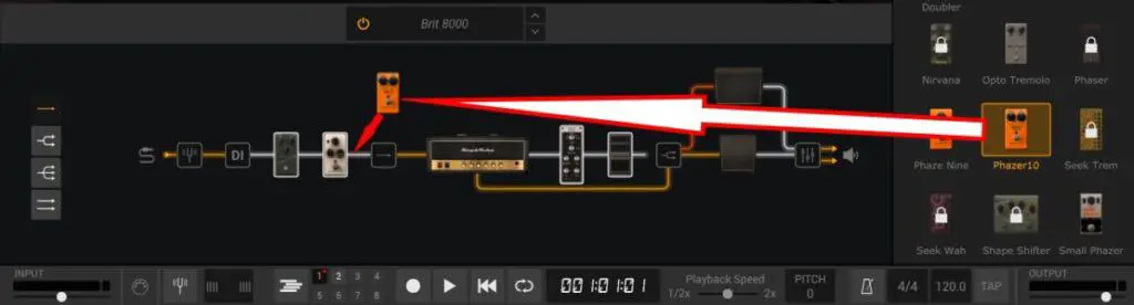 Screenshot of Amplitube 5 showing dragging an effects pedal into the signal chain