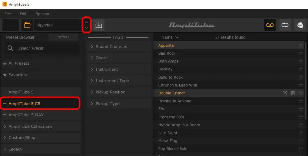 Screenshot of Amplitube 5 showing the quick preset switch button and 5 CS presets filter option