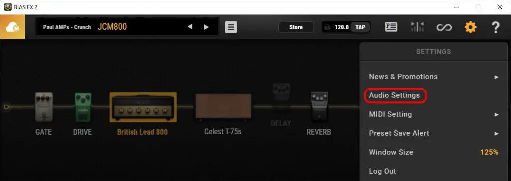 Screenshot of BIAS FX 2 showing Audio Settings menu option