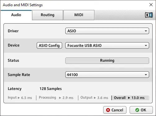 Screenshot of Guitar Rig 5 showing Audio tab on Audio and MIDI Settings dialog