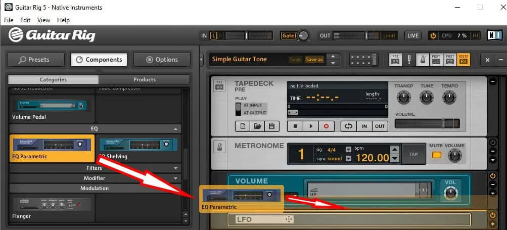Screenshot of Amplitube 5 showing dragging a component into the rig