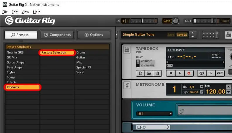 Screenshot of Guitar Rig 5 showing the Products and Factory Selection preset attributes