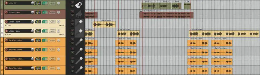 Screenshot of some recorded tracks in a music software program