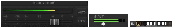 Screenshot of input level controls and meters from BIAS FX 2, Amplitube 5 and Guitar Rig 5