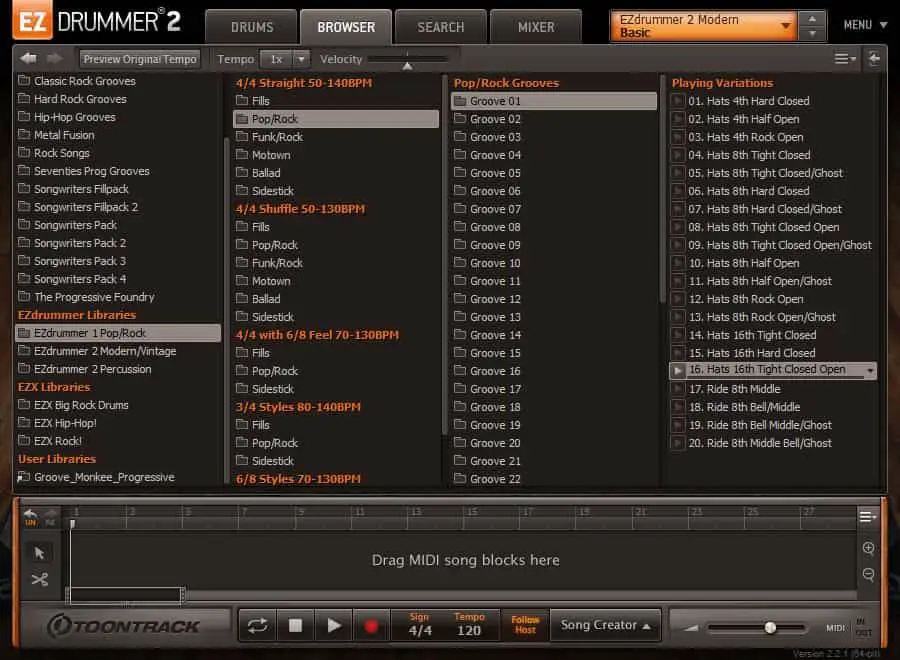 Screenshot of EZDrummer 2 Browser tab view
