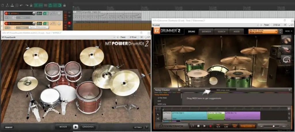 Screenshot of MT Power DrumKit 2 and EZDrummer 2 running inside Reaper