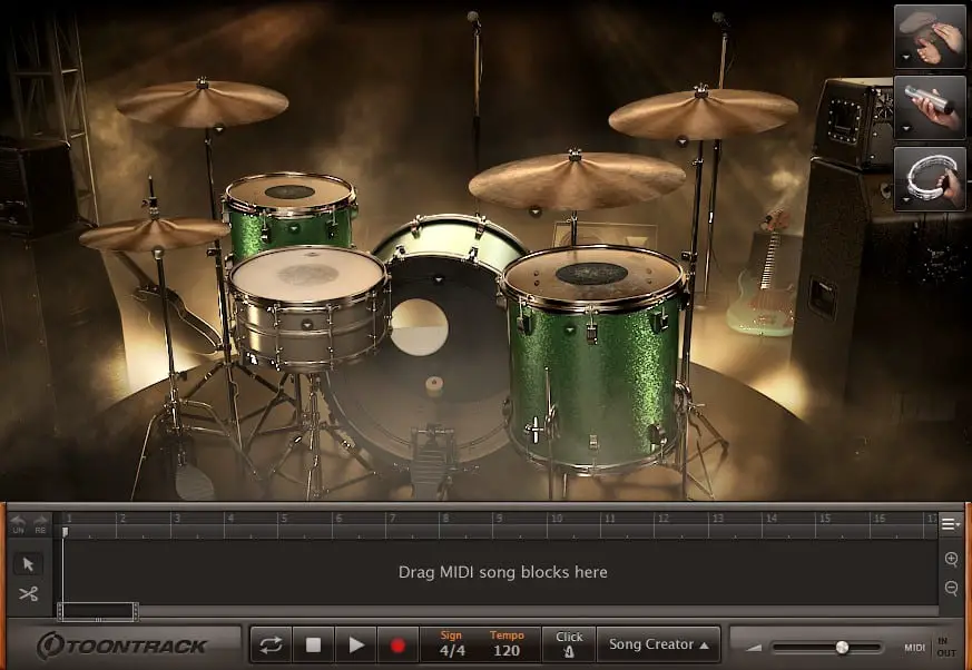 Screenshot of the drum view and song track in EZDrummer 2