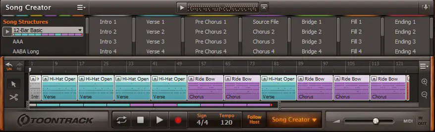 Screenshot of EZDrummer 2's Song Track with a full drum track created using the Song Creator