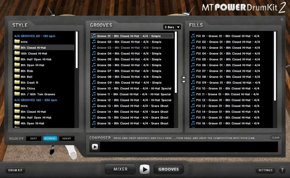Screenshot of MT Power DrumKit 2 Grooves view