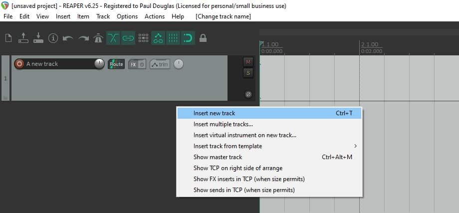 Screenshot of inserting a new track in Reaper