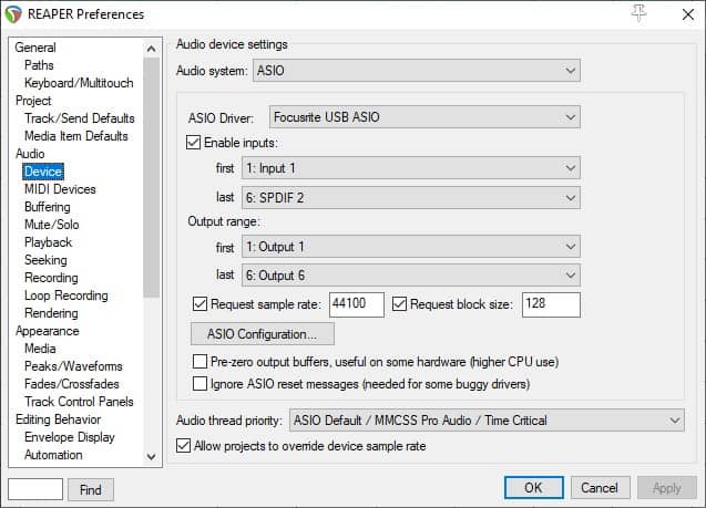 Screenshot of the Audio settings from Reaper