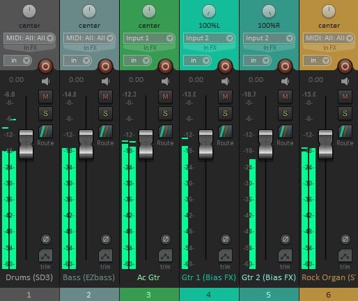 Screenshot of the faders and meters in Reaper's mixer