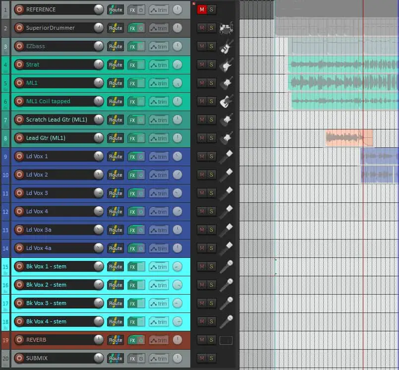 Screenshot of the tracks from a well organized project in Reaper