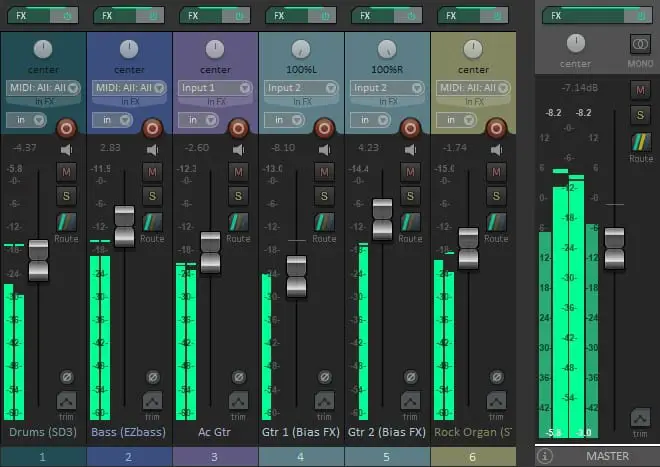 Screenshot of Reaper's mixer during mixing a song