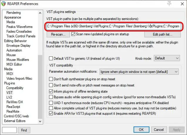 Screenshot of the VST plugins paths in the Preferences dialog in Reaper