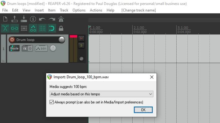 Screenshot of Reaper asking if the tempo of an imported drum loop should be adjusted to the project tempo