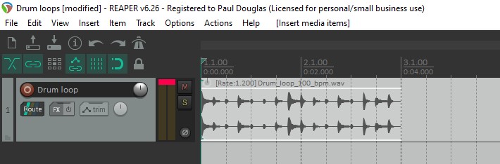 Screenshot of a drum loop imported onto a track in Reaper