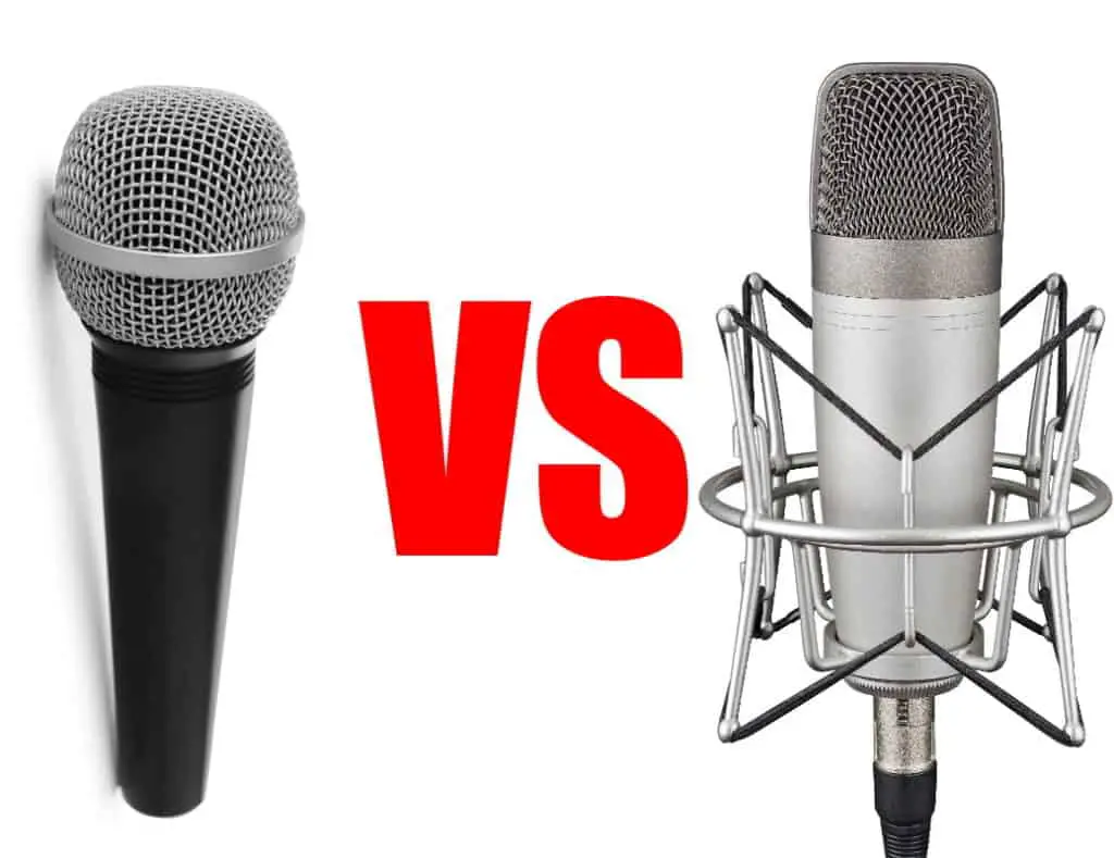 Photo of a dynamic microphone and a condenser microphone, with "vs" written in between them