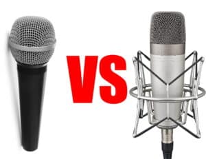 Photo of a dynamic microphone and a condenser microphone with the word "vs" in between them