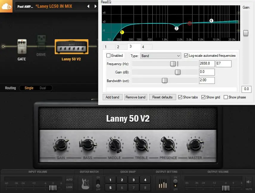 Screenshot of BIAS FX 2 amp sim with an EQ plugin applied to it from Reaper DAW