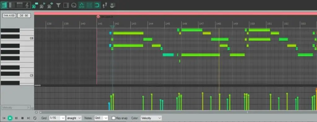 Screenshot of a MIDI piano roll editor window in a DAW application