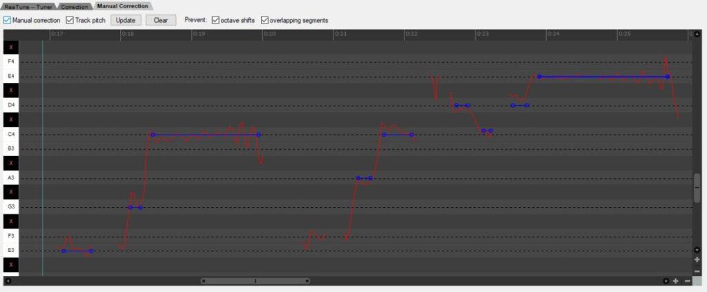 Screenshot of ReaTune, the pitch correction plugin in the Reaper DAW running in manual mode