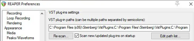 Screenshot of the VST plugin paths setting in the Reaper DAW settings