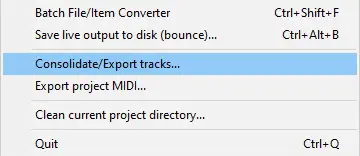 Screenshot of the Consolidate/Export tracks menu option in the Reaper DAW