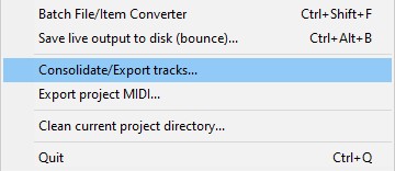 Screenshot of the Consolidate/Export tracks menu option in the Reaper DAW