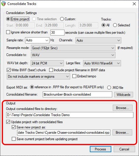 Screenshot of the Consolidate Tracks dialog in the Reaper DAW