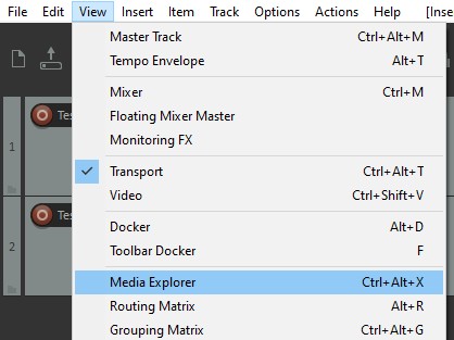 Screenshot of the View Media Explorer menu option in Reaper