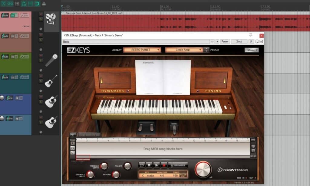 Screenshot of the Reaper DAW with a virtual keyboard instrument running inside it