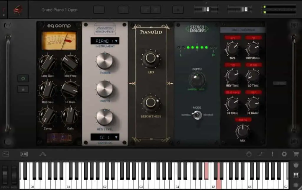 Screenshot of the Sampletank 4 virtual instrument showing a piano keyboard and some effects