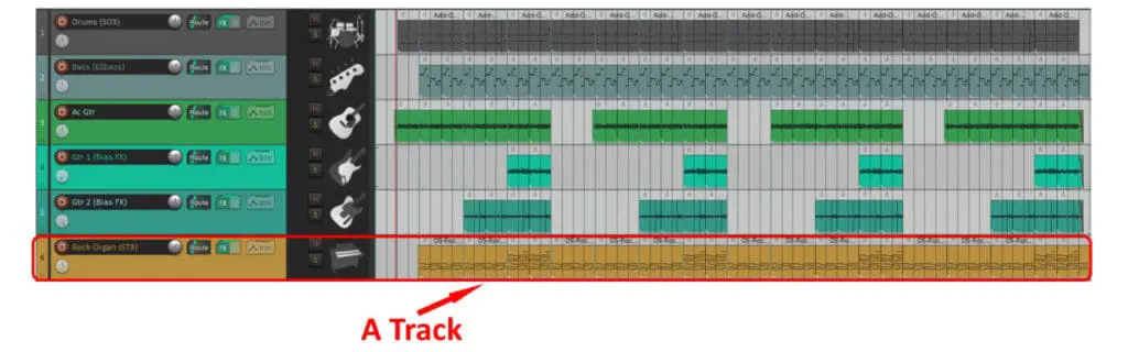 Screenshot of some tracks in the Reaper DAW, with one track highlighted with a red border