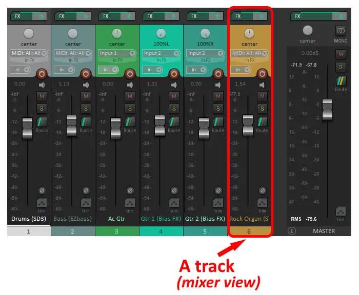 Screenshot of some tracks in the mixer view of the Reaper DAW, with one track highlighted with a red border