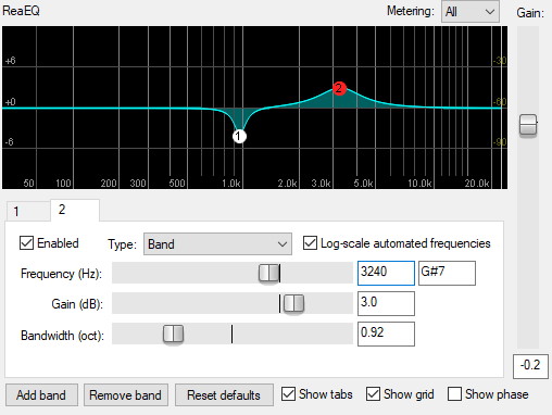 Screenshot of an EQ plugin illustrating a cut and a boost