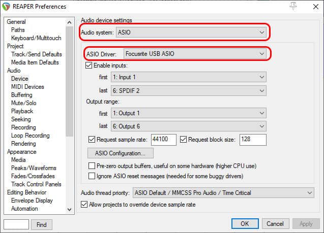 Screenshot of the audio device settings dialog in the Reaper DAW