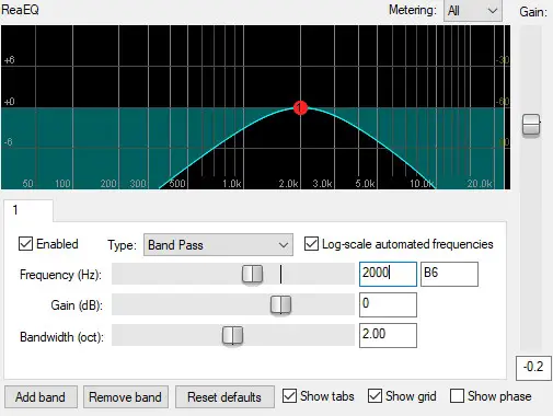 Screenshot of an EQ plugin illustrating a band pass filter at 2kHz