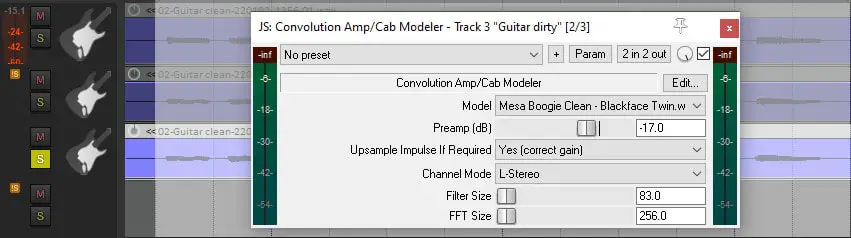 Screenshot of the Convolution Amp Cab Modeler working on a track in Reaper