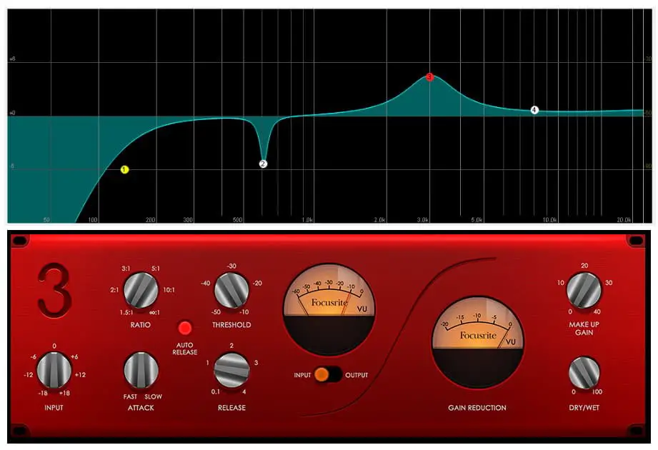 Screenshots of an EQ and a compressor plugin