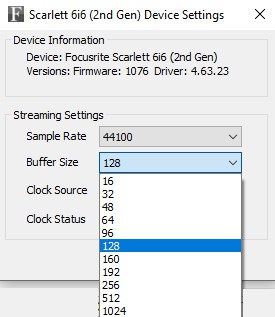 Screenshot of the Scarlett 6i6 ASIO driver settings dialog