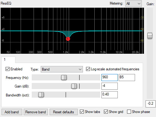 Screenshot of an EQ plugin showing a cut of -4dB at 960Hz