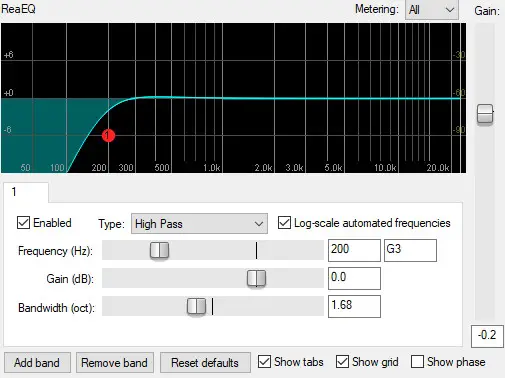 Screenshot of an EQ plugin illustrating a high pass filter at 200Hz