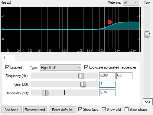 Screenshot of an EQ plugin illustrating a high shelf at 6kHz