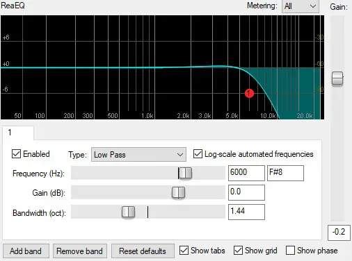 Screenshot of an EQ plugin illustrating a low pass filter at 6kHz