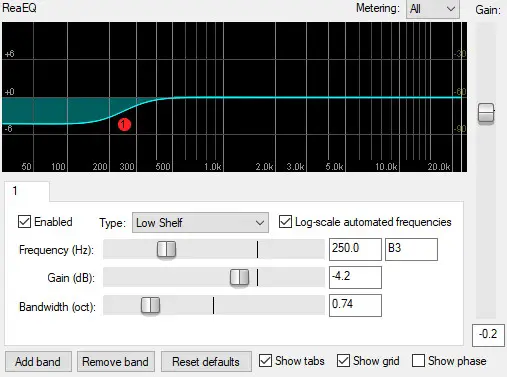 Screenshot of an EQ plugin illustrating a low shelf at 250Hz