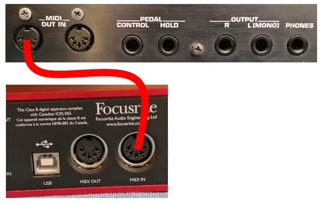 Photo of the connection between a synth's MIDI OUT and a interface's MIDI IN