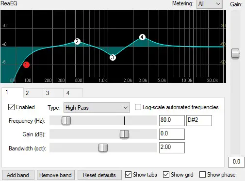 Screenshot of an EQ plugin showing multiple EQ changes made