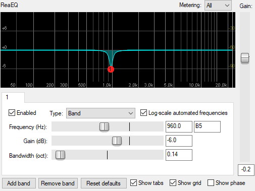 Screenshot of an EQ plugin illustrating a narrow cut