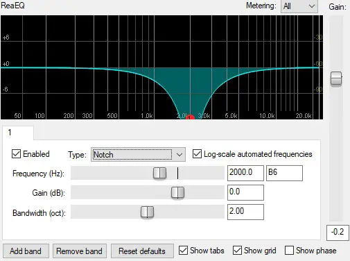 Screenshot of an EQ plugin illustrating a notch filter at 2kHz